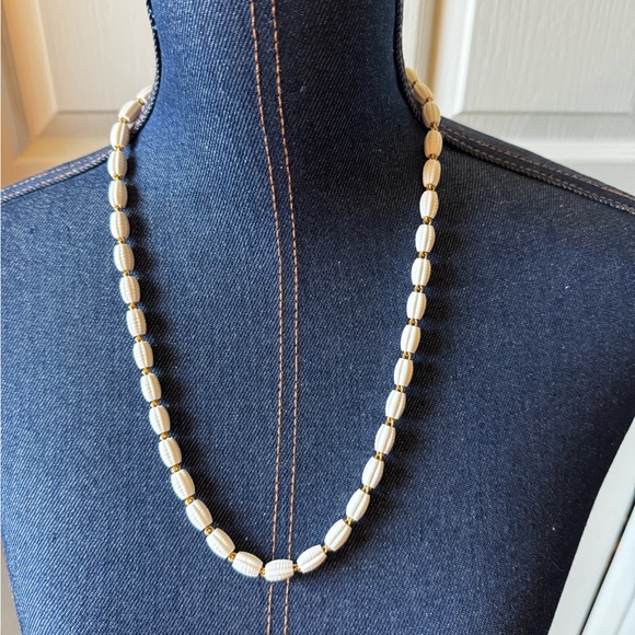 Monet Jewelry - Vintage Signed Monet Beaded White and Gold Boho Necklace